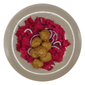 Bietenstamppot met indische balletjes